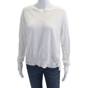 Marina V Womens Laced Long Sleeved V Neck Floral Textured Shirt White Size T1